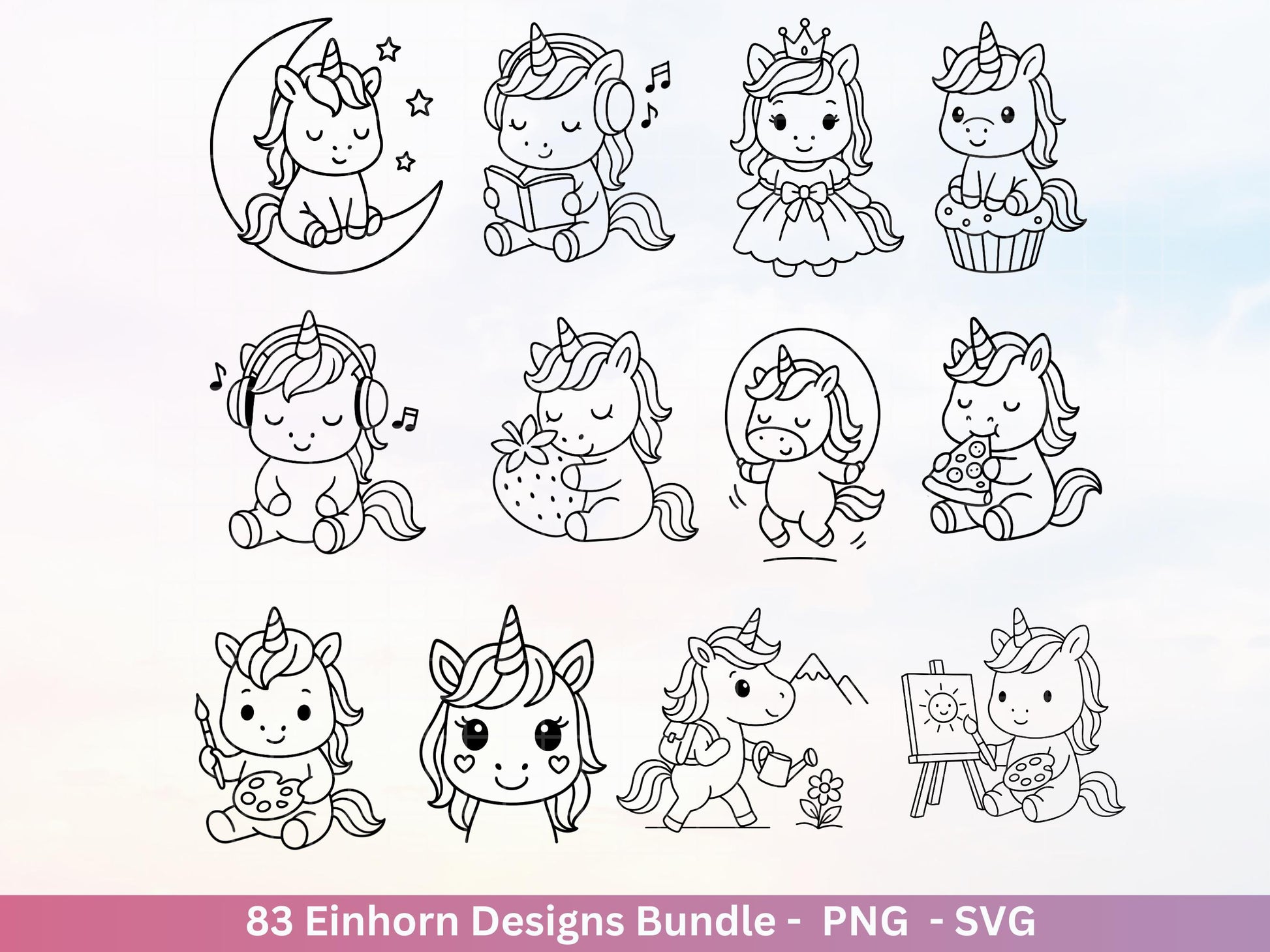 Einhorn Plotterdatei Bundle – Süße Einhorn Motive | SVG PNG | Kinder Design | Cricut & Silhouette Laserdatei | Clipart Geschenk Regenbogen