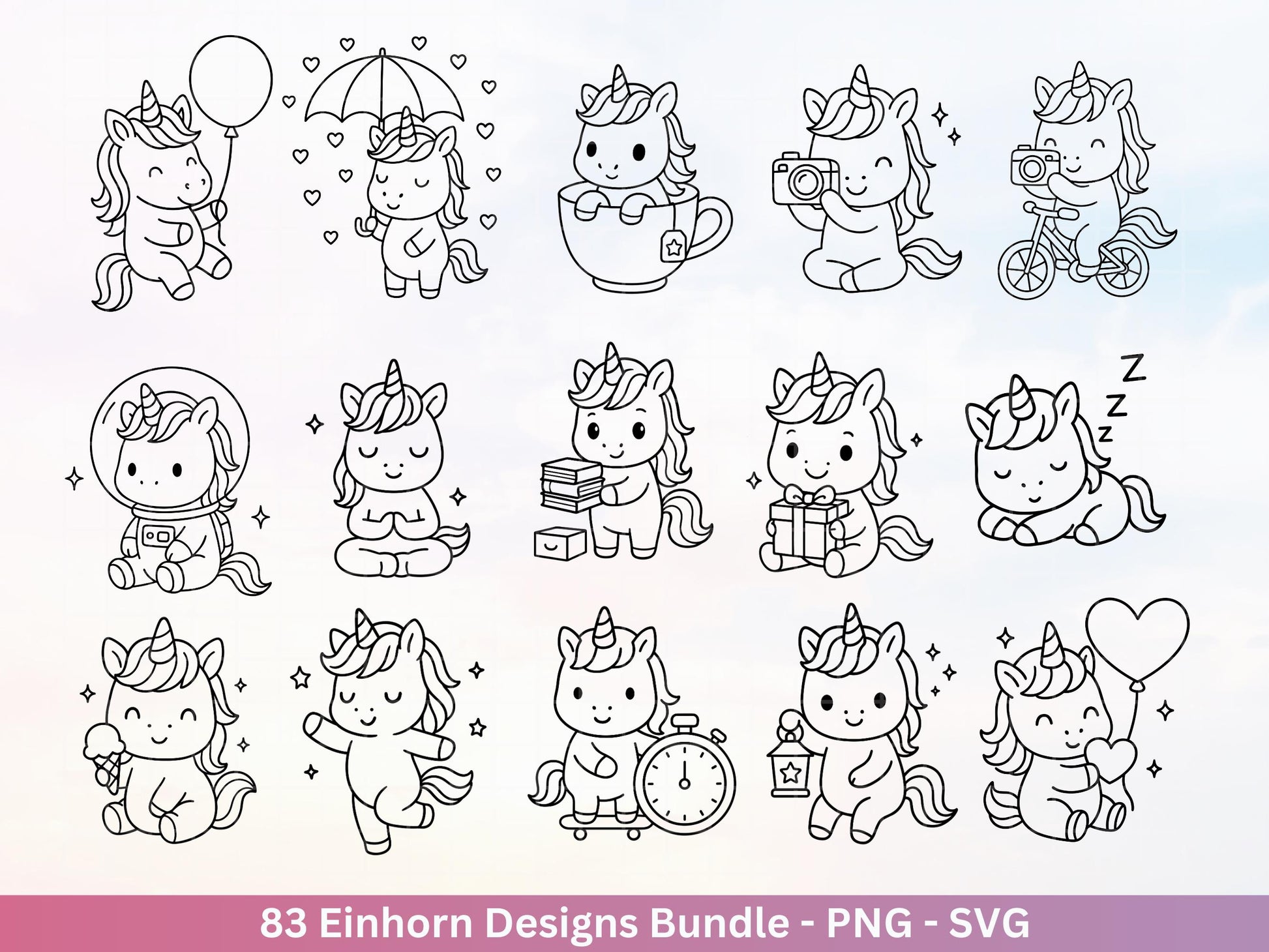 Einhorn Plotterdatei Bundle – Süße Einhorn Motive | SVG PNG | Kinder Design | Cricut & Silhouette Laserdatei | Clipart Geschenk Regenbogen