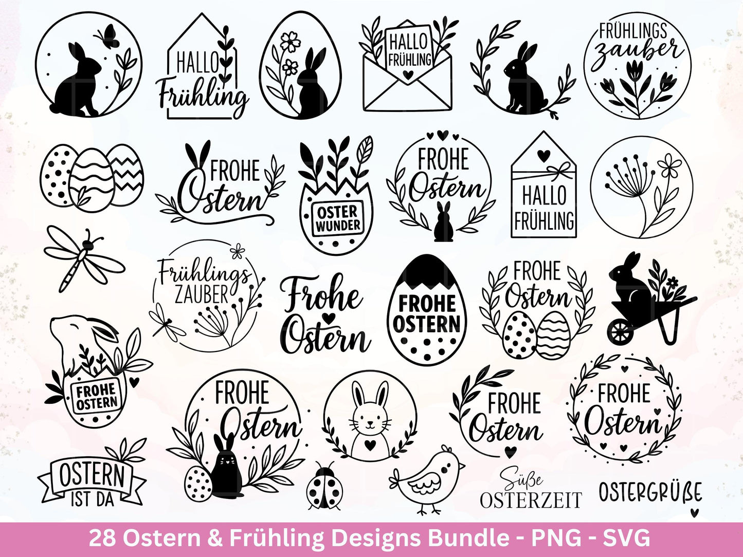 Ostern & Frühling Plotterdatei Bundle – Frohe Ostern Sprüche | Hasen Motive | Deutsche Ostergrüße SVG | Hallo Frühling | Cricut Laserdatei