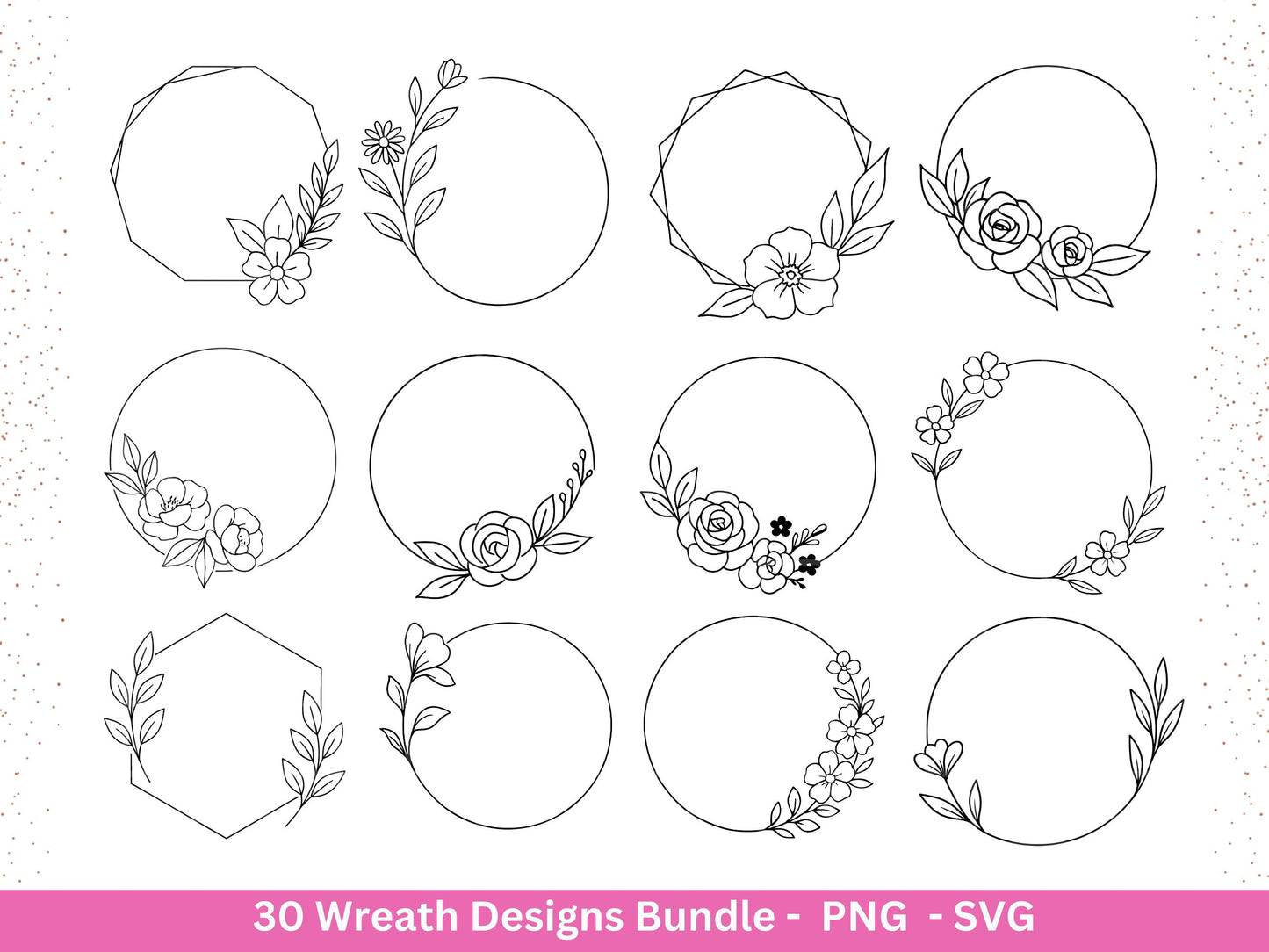 Blumenkranz Plotterdatei Bundle – 30 Kränze SVG PNG | Lorbeerkranz Monogramm Rahmen | Hochzeit Boho Deko | Cricut | Laserdatei Holzgravur