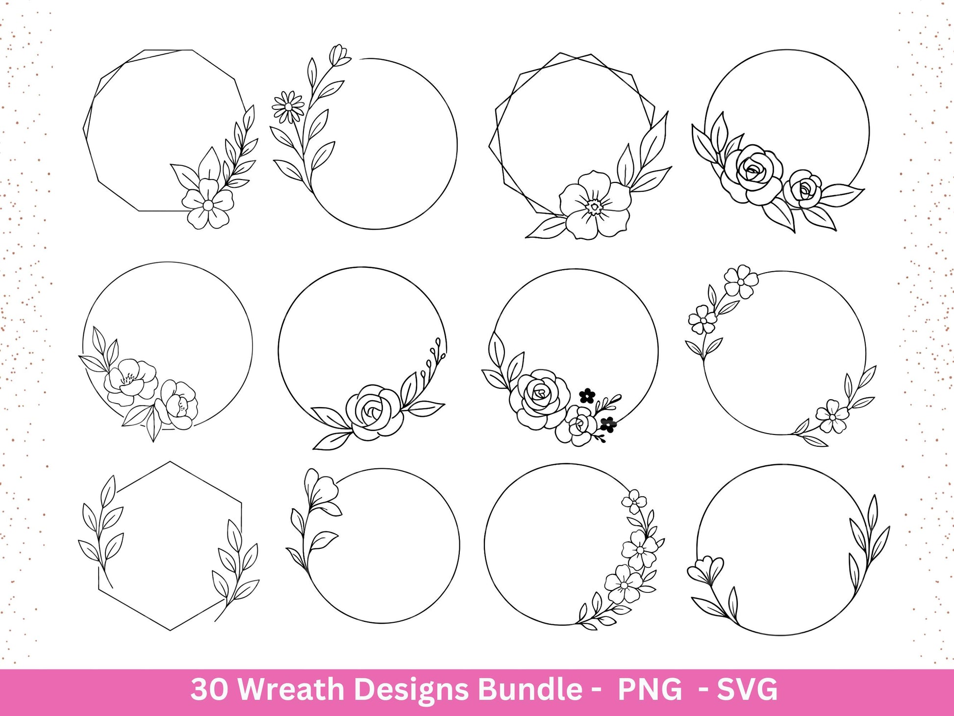 Blumenkranz Plotterdatei Bundle – 30 Kränze SVG PNG | Lorbeerkranz Monogramm Rahmen | Hochzeit Boho Deko | Cricut | Laserdatei Holzgravur