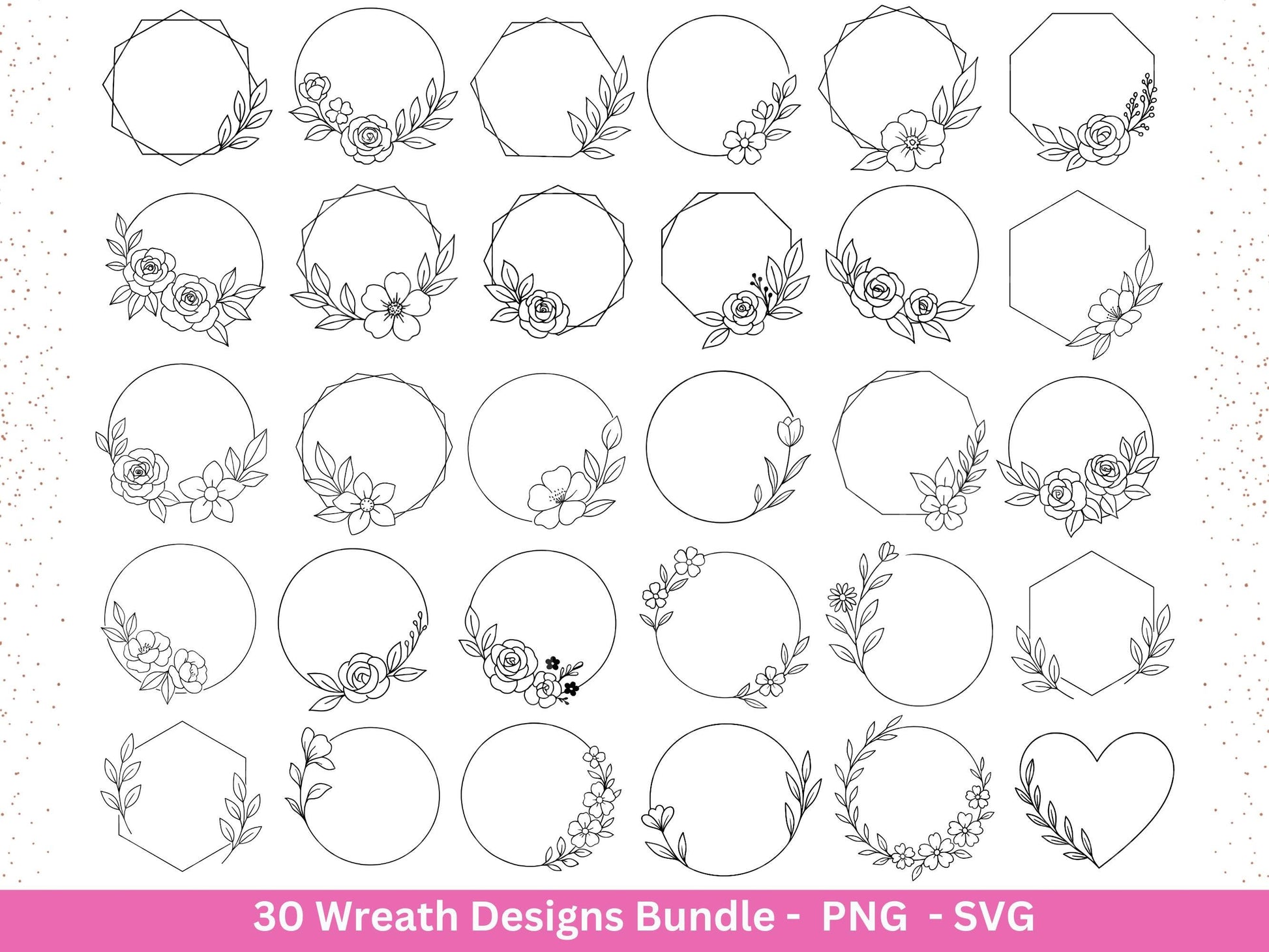 Blumenkranz Plotterdatei Bundle – 30 Kränze SVG PNG | Lorbeerkranz Monogramm Rahmen | Hochzeit Boho Deko | Cricut | Laserdatei Holzgravur
