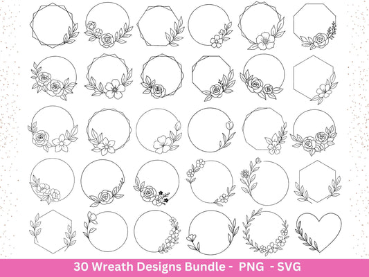 Blumenkranz Plotterdatei Bundle – 30 Kränze SVG PNG | Lorbeerkranz Monogramm Rahmen | Hochzeit Boho Deko | Cricut | Laserdatei Holzgravur