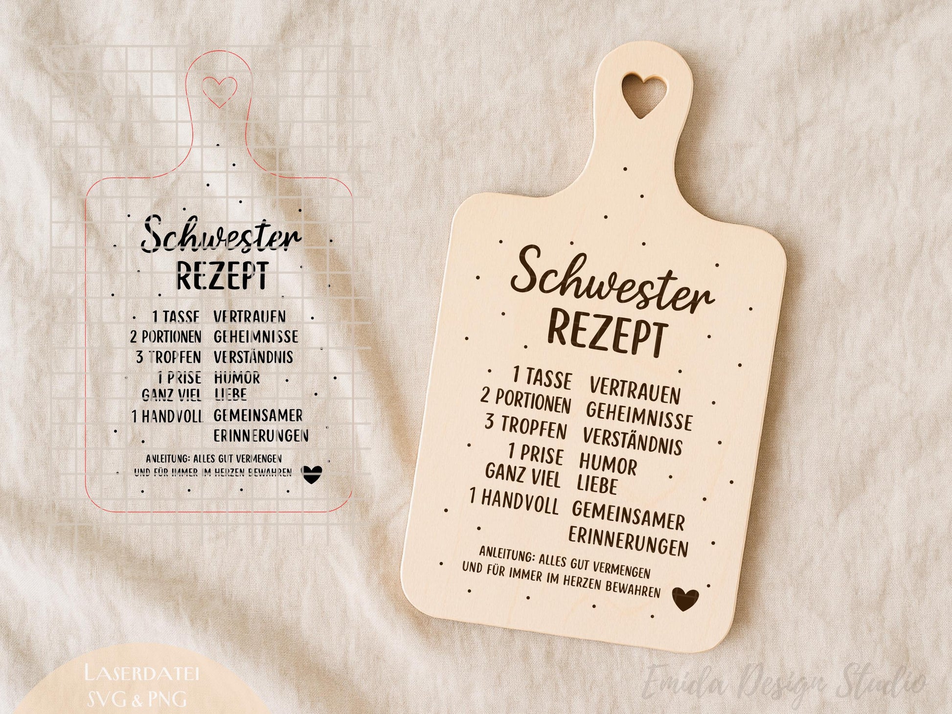 Schwester Rezept Laserdatei – Schneidebrett Gravur SVG PNG | Küchen Spruch Geschenkidee für Schwester | Holz gravieren | Cricut Plotterdatei
