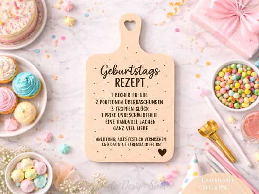 Geburtstag Rezept Laserdatei – Schneidebrett Gravur SVG | Küchenspruch Geschenkidee zum Geburtstag | Holz gravieren | Cricut Plotterdatei
