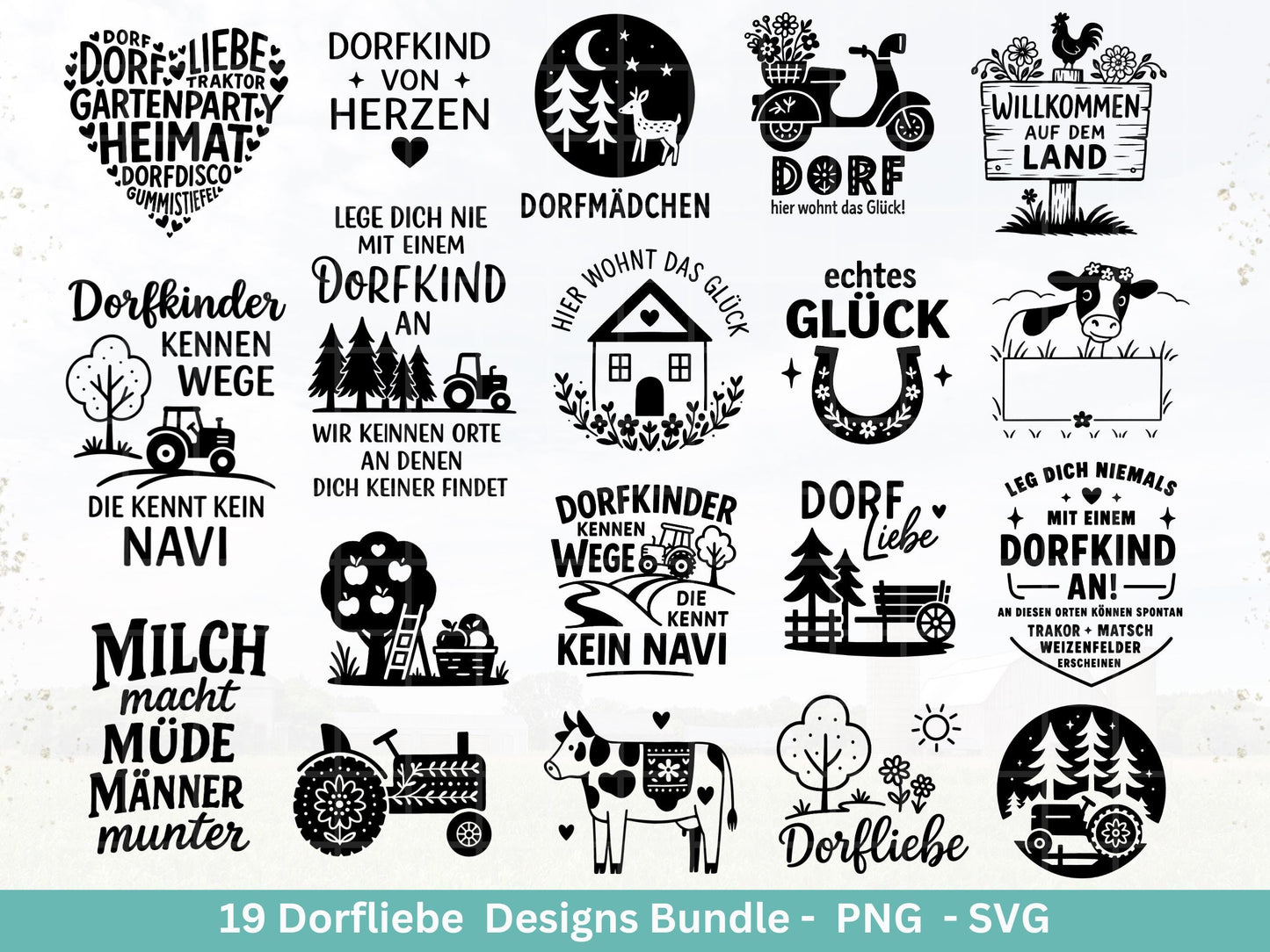 Dorfleben Plotterdatei Bundle – Dorfkind Sprüche & Bauernhof Motive | Landliebe SVG PNG | Traktor | Cricut | Laserdatei Holzgravur Geschenk