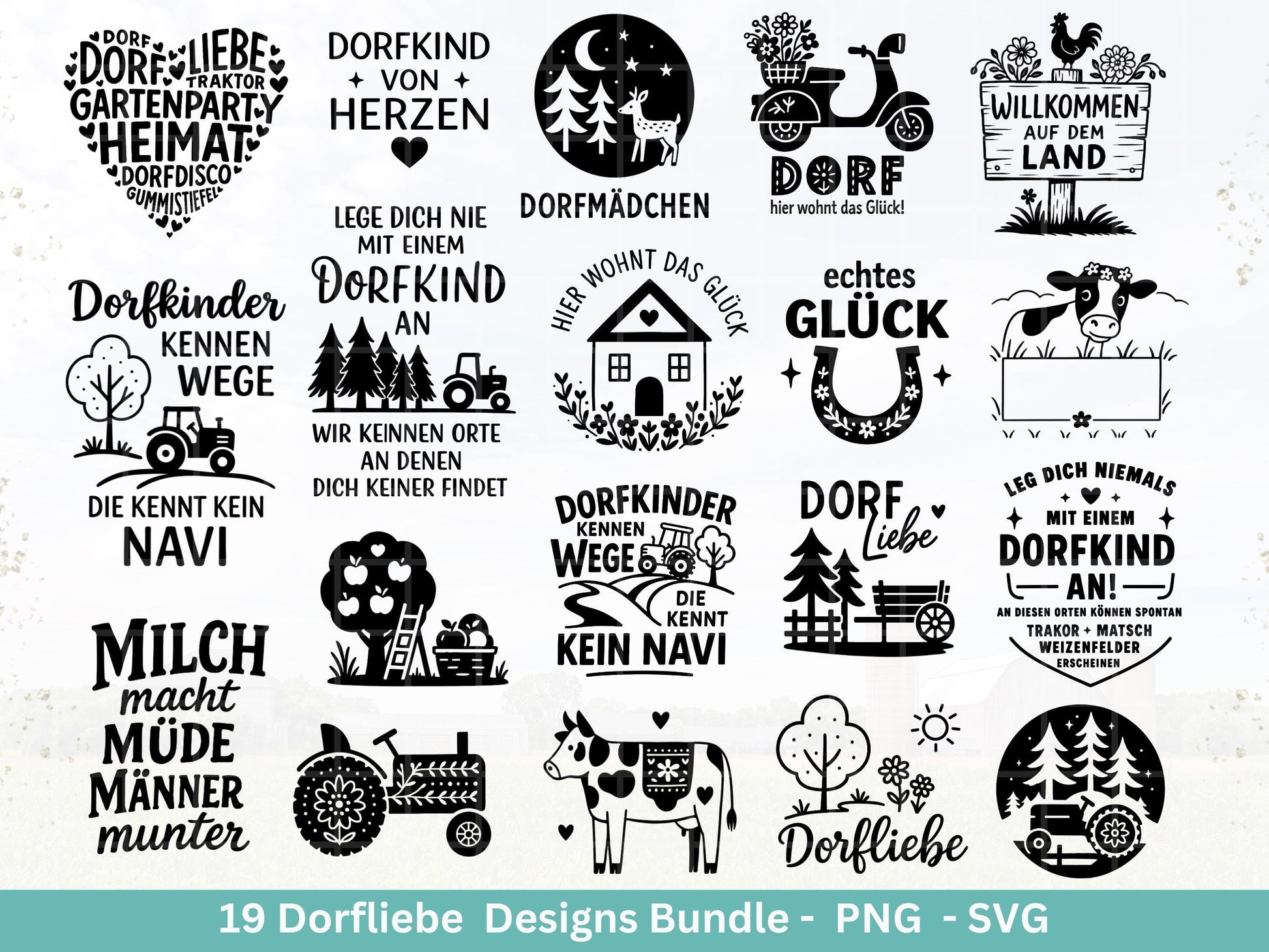 Dorfleben Plotterdatei Bundle – Dorfkind Sprüche & Bauernhof Motive | Landliebe SVG PNG | Traktor | Cricut | Laserdatei Holzgravur Geschenk