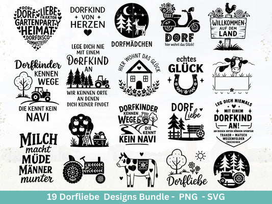 Dorfleben Plotterdatei Bundle – Dorfkind Sprüche & Bauernhof Motive | Landliebe SVG PNG | Traktor | Cricut | Laserdatei Holzgravur Geschenk
