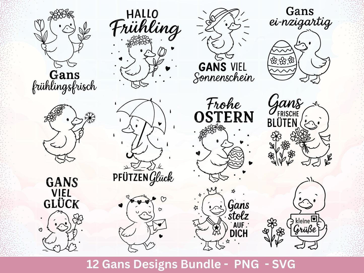 Gans Plotterdatei Bundle – Frühlings Gans Motive & Wortspiele | Hallo Frühling | Frohe Ostern Sprüche SVG PNG | Cricut | Laserdatei Geschenk