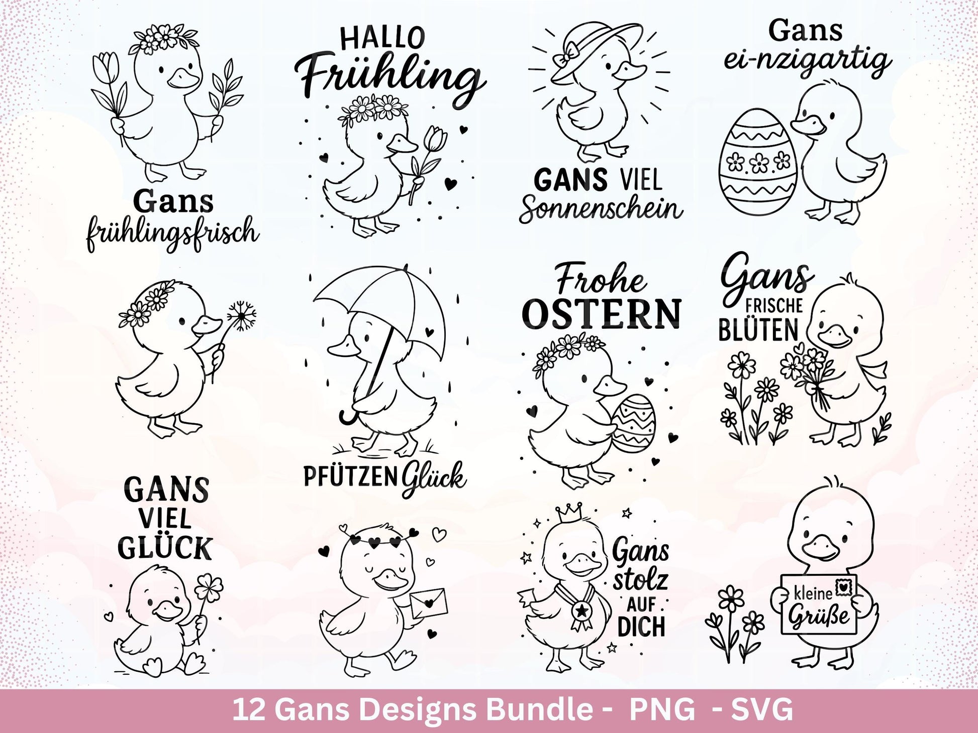Gans Plotterdatei Bundle – Frühlings Gans Motive & Wortspiele | Hallo Frühling | Frohe Ostern Sprüche SVG PNG | Cricut | Laserdatei Geschenk