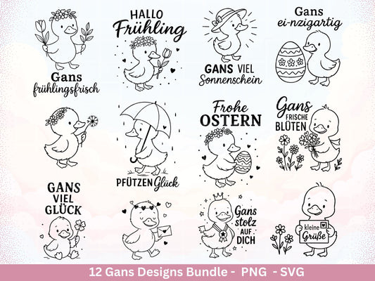 Gans Plotterdatei Bundle – Frühlings Gans Motive & Wortspiele | Hallo Frühling | Frohe Ostern Sprüche SVG PNG | Cricut | Laserdatei Geschenk