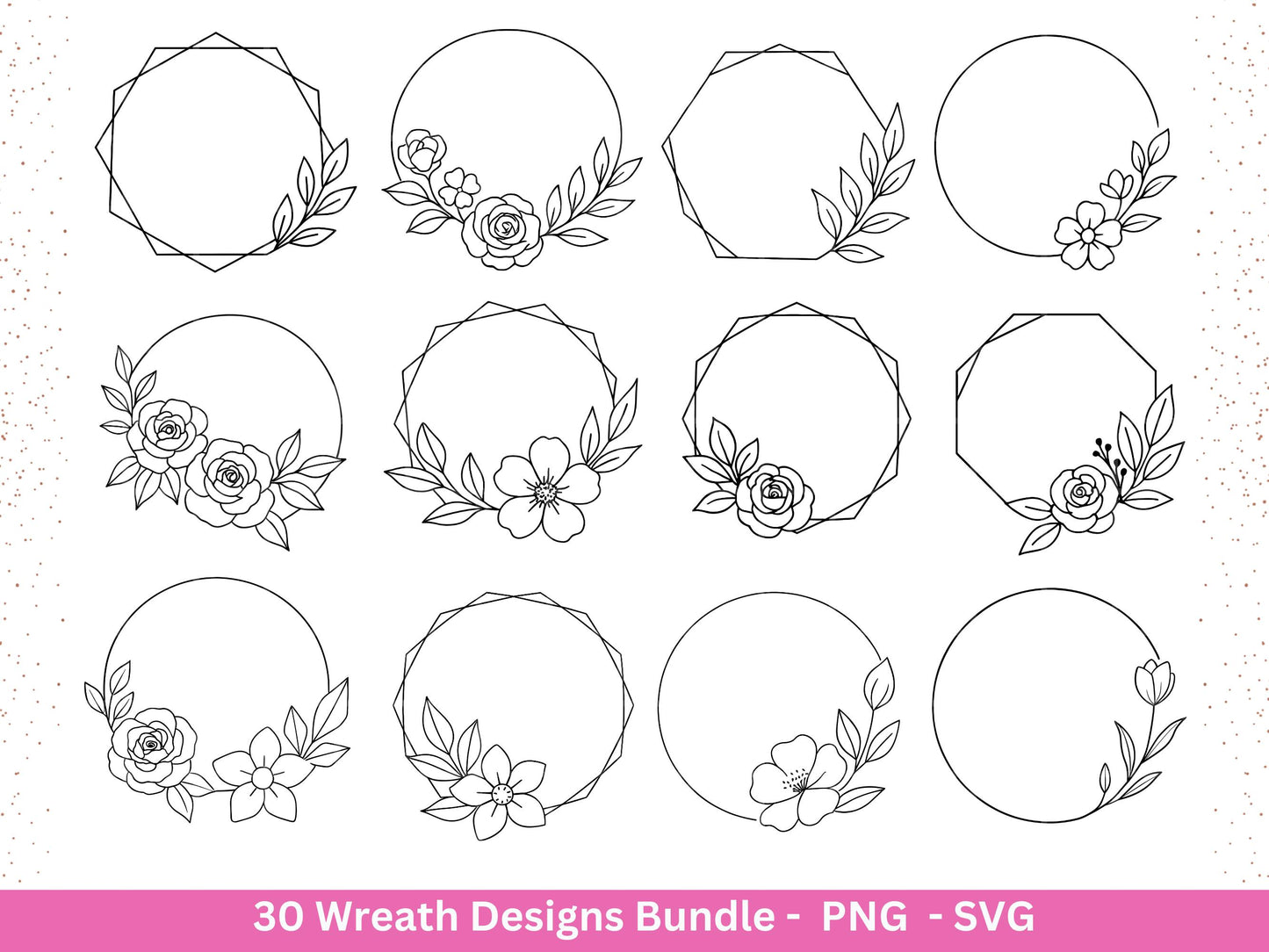 Blumenkranz Plotterdatei Bundle – 30 Kränze SVG PNG | Lorbeerkranz Monogramm Rahmen | Hochzeit Boho Deko | Cricut | Laserdatei Holzgravur