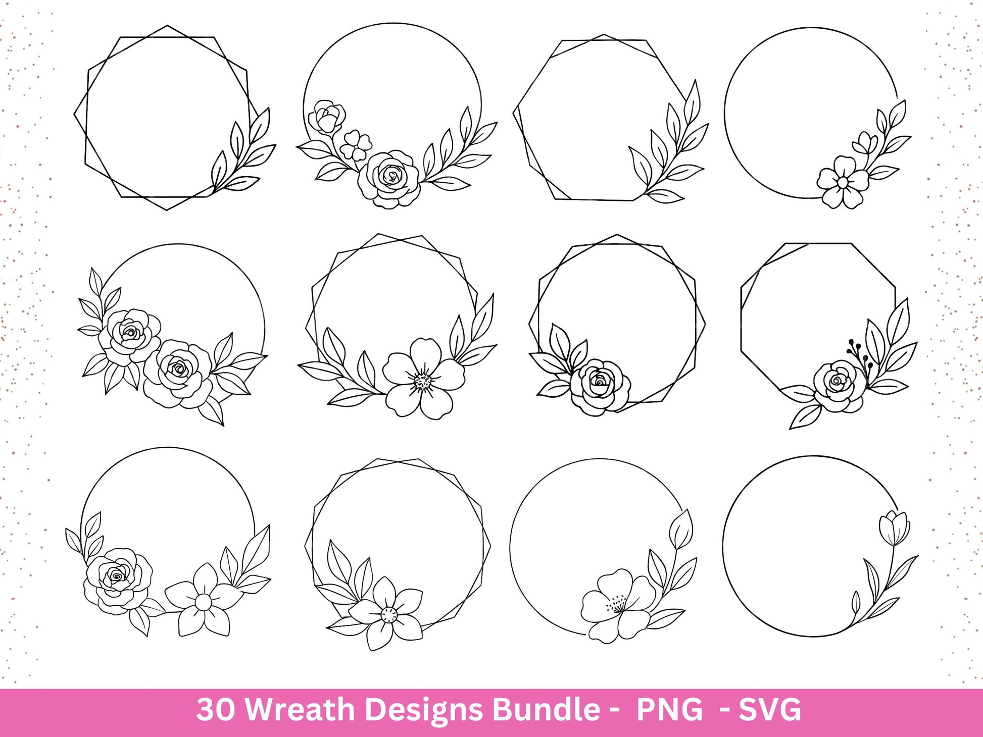 Blumenkranz Plotterdatei Bundle – 30 Kränze SVG PNG | Lorbeerkranz Monogramm Rahmen | Hochzeit Boho Deko | Cricut | Laserdatei Holzgravur