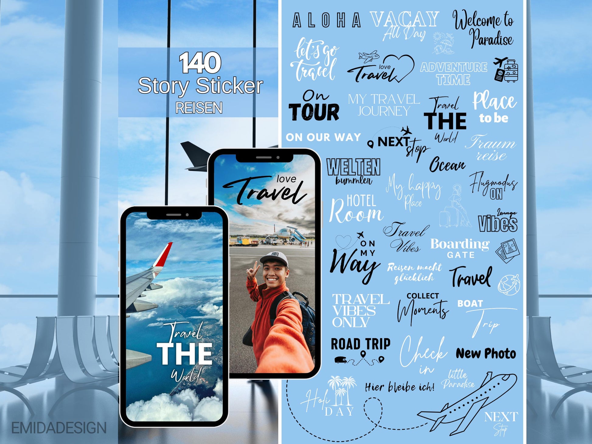 140 Instagram Story Sticker Reisen – Travel & Urlaub Sprüche Deutsch Englisch | Sommer Strand Vibes | Content Creator | Insta Story PNG