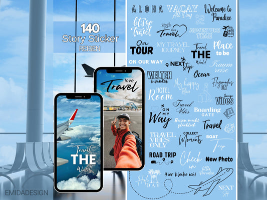140 Instagram Story Sticker Reisen – Travel & Urlaub Sprüche Deutsch Englisch | Sommer Strand Vibes | Content Creator | Insta Story PNG