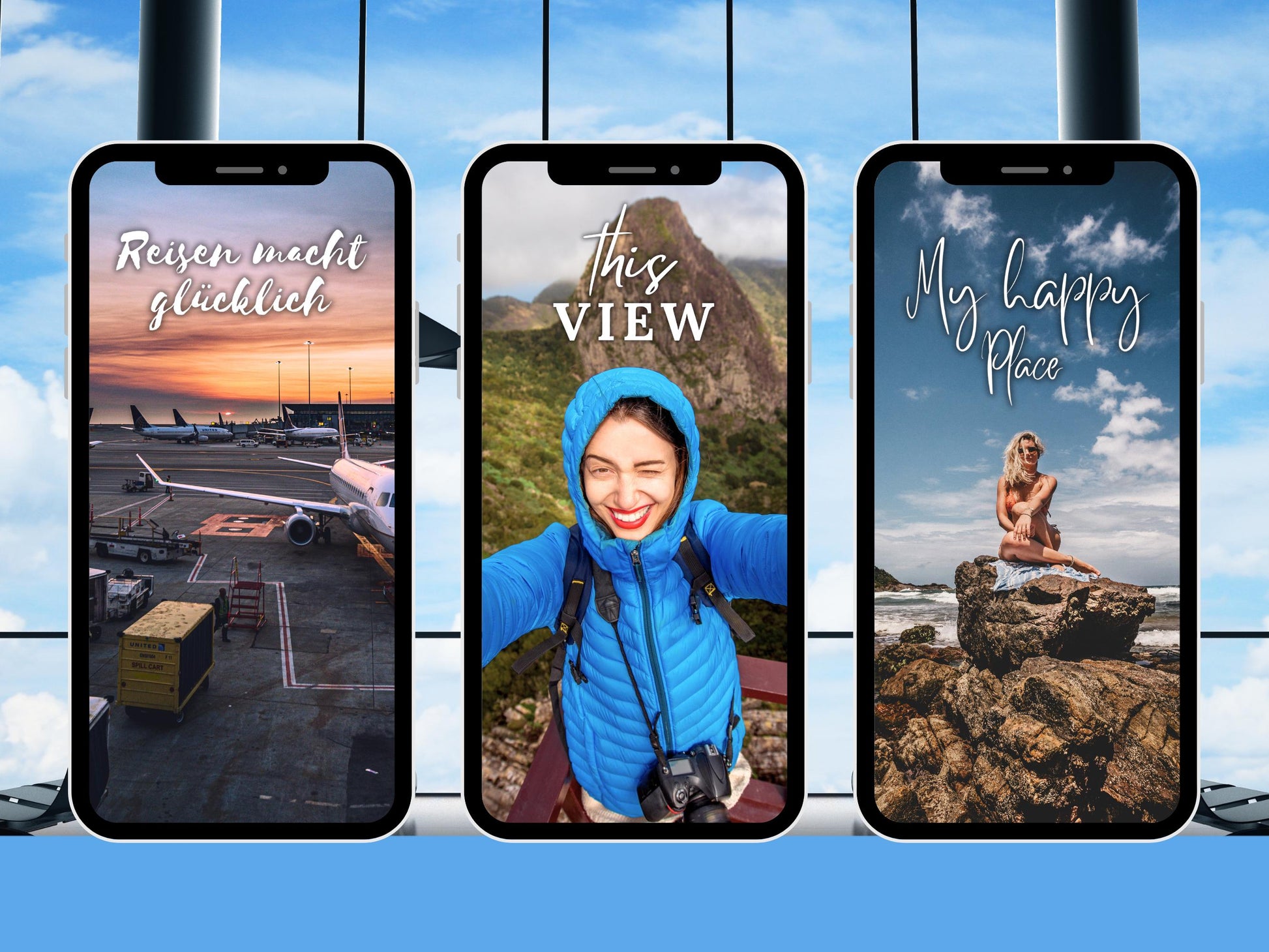 140 Instagram Story Sticker Reisen – Travel & Urlaub Sprüche Deutsch Englisch | Sommer Strand Vibes | Content Creator | Insta Story PNG