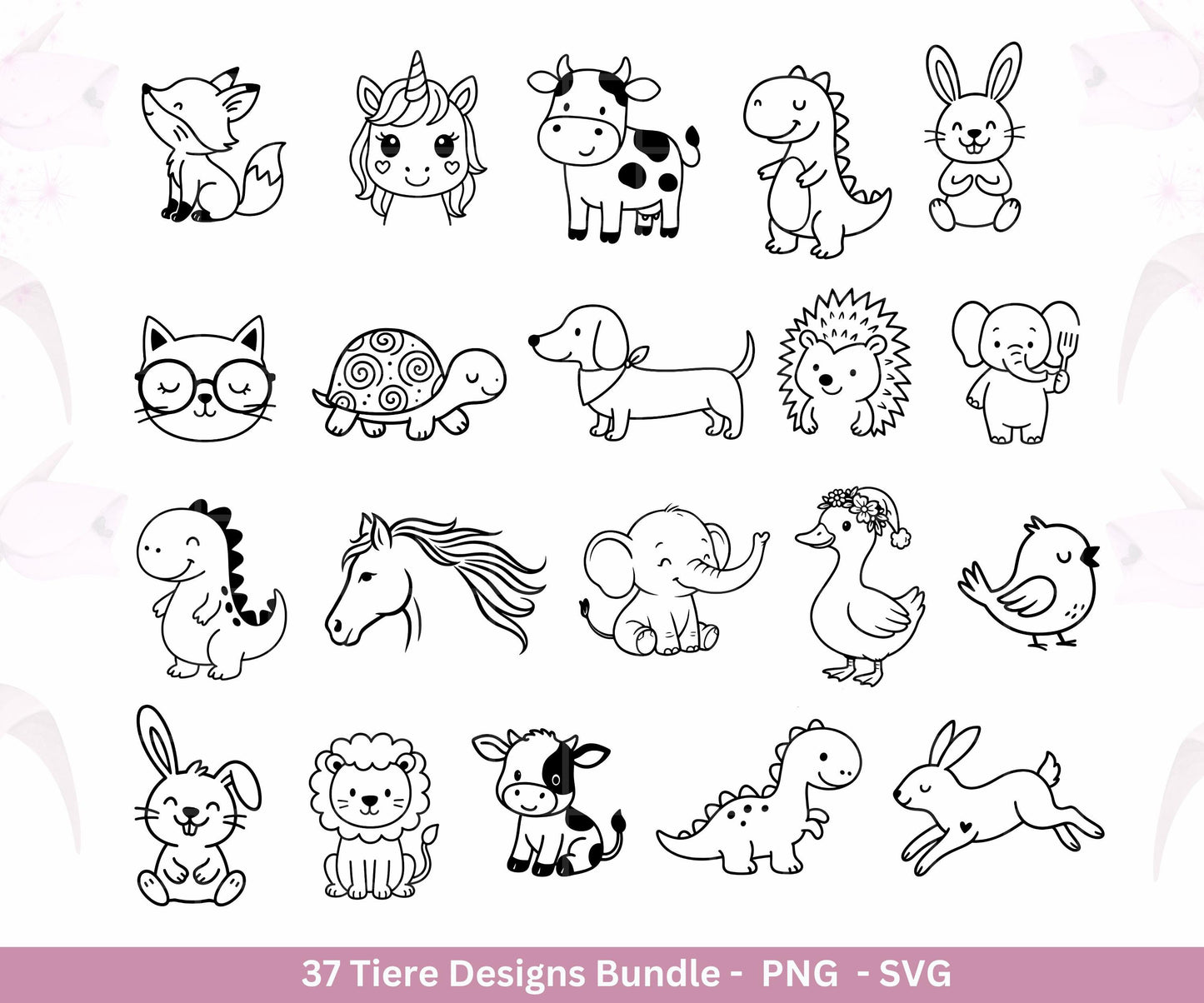 Kawaii Tiere Plotterdatei Bundle – süße Tier Motive SVG | Hund Katze Kuh Einhorn | Kinder Line Art | Wald & Safari Tiere | Cricut Laserdatei