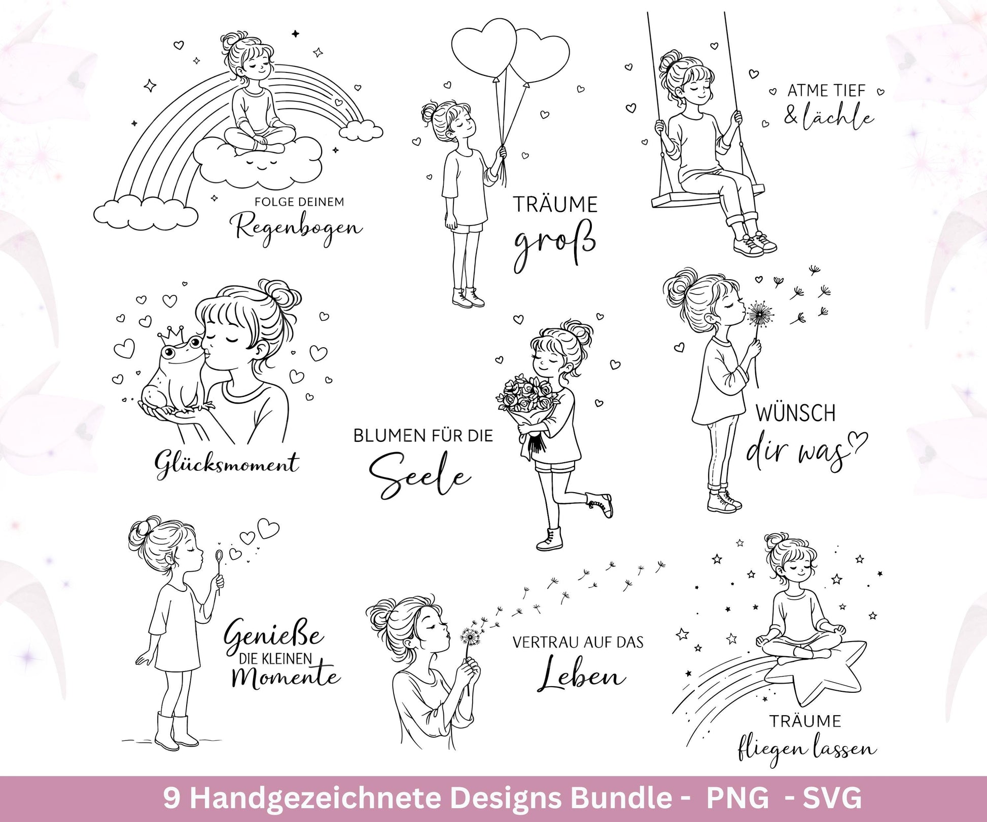 Handgezeichnete Mädchen Plotterdatei Bundle – Positive Sprüche SVG| Line Art | Geschenk Freundin | Cricut Silhouette | Laserdatei Pusteblume