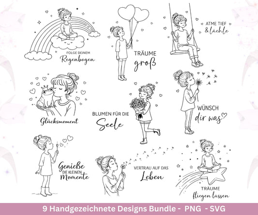 Handgezeichnete Mädchen Plotterdatei Bundle – Positive Sprüche SVG| Line Art | Geschenk Freundin | Cricut Silhouette | Laserdatei Pusteblume