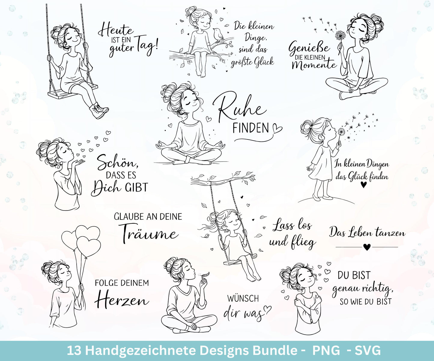 Positive Sprüche Mädchen SVG Bundle – Handgezeichnete Line Art Frauen | Plotterdatei Cricut | Laserdatei | Geschenk Freundin | Motivation