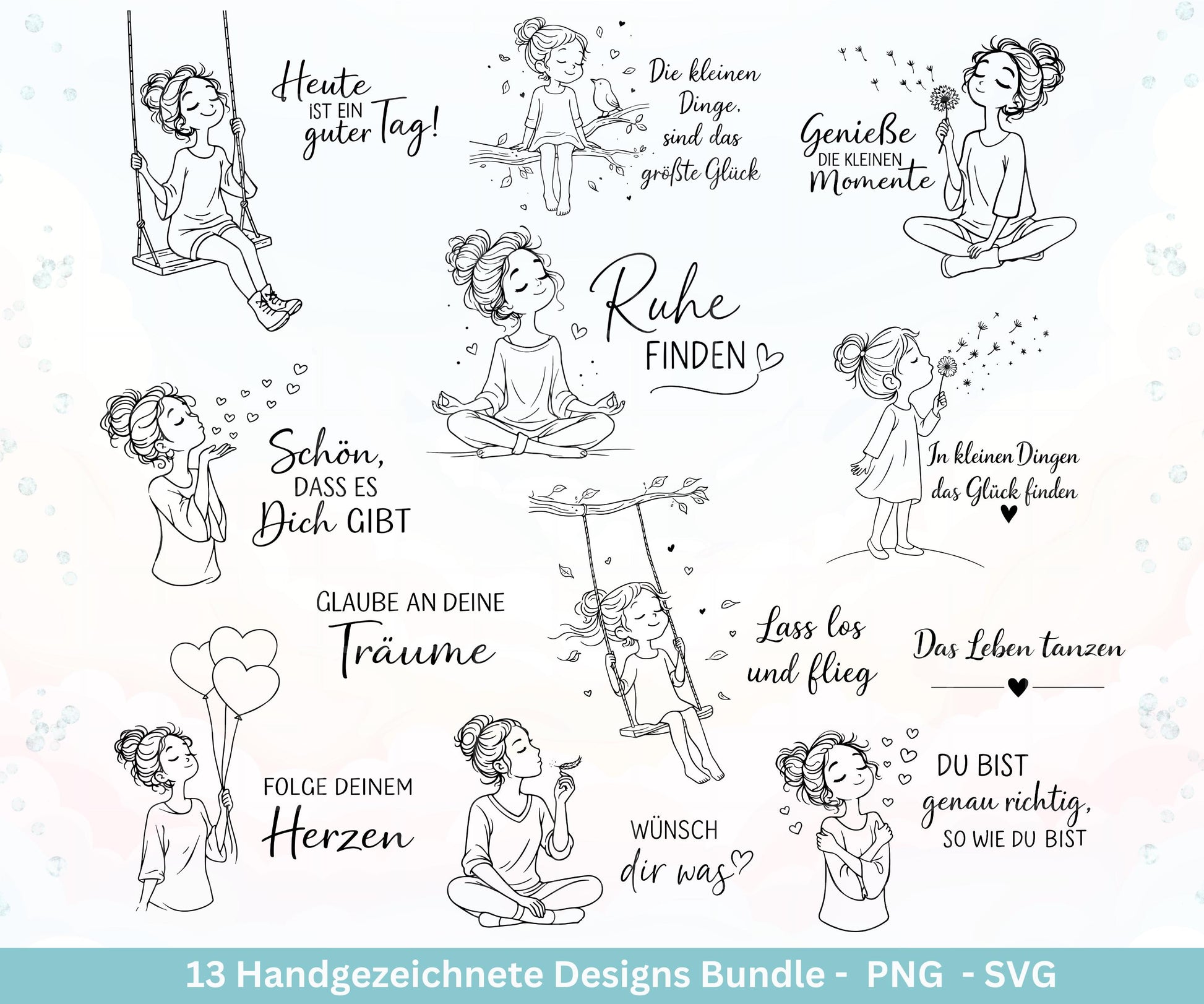 Positive Sprüche Mädchen SVG Bundle – Handgezeichnete Line Art Frauen | Plotterdatei Cricut | Laserdatei | Geschenk Freundin | Motivation