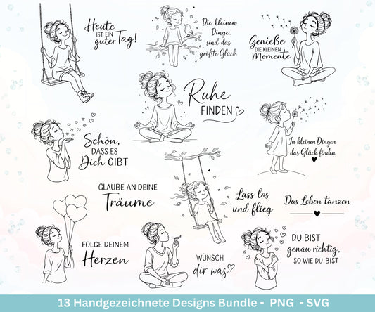 Positive Sprüche Mädchen SVG Bundle – Handgezeichnete Line Art Frauen | Plotterdatei Cricut | Laserdatei | Geschenk Freundin | Motivation