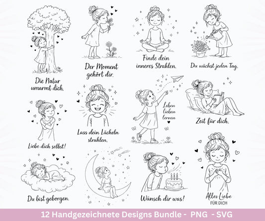 Positive Sprüche Mädchen SVG Bundle – Handgezeichnete Line Art Frauen | Plotterdatei Cricut | Laserdatei | Geschenk Freundin | Motivation
