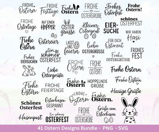 Ostern Plotterdatei Bundle – Frohe Ostern Sprüche SVG PNG | Deutsche Ostergrüße | Osterfest & Eiersuche Motive | Cricut | Laserdatei Ostern