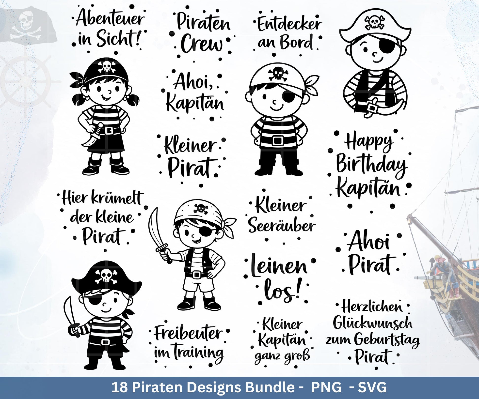Piraten Plotterdatei Bundle – Kinder Pirat Sprüche & Motive SVG PNG | Ahoi Kindergeburtstag | T-Shirt Einladung Geschenk | Cricut Laserdatei