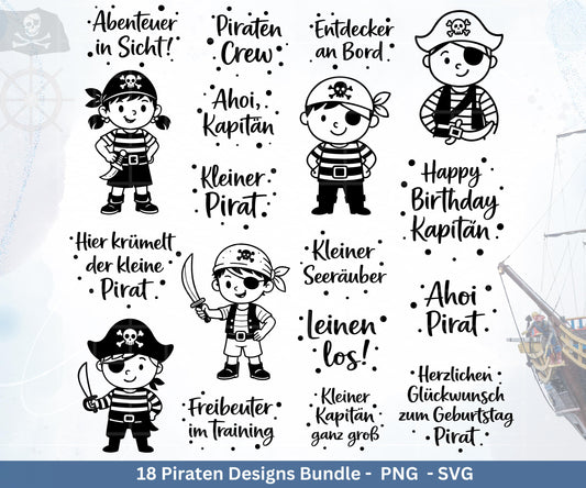 Piraten Plotterdatei Bundle – Kinder Pirat Sprüche & Motive SVG PNG | Ahoi Kindergeburtstag | T-Shirt Einladung Geschenk | Cricut Laserdatei