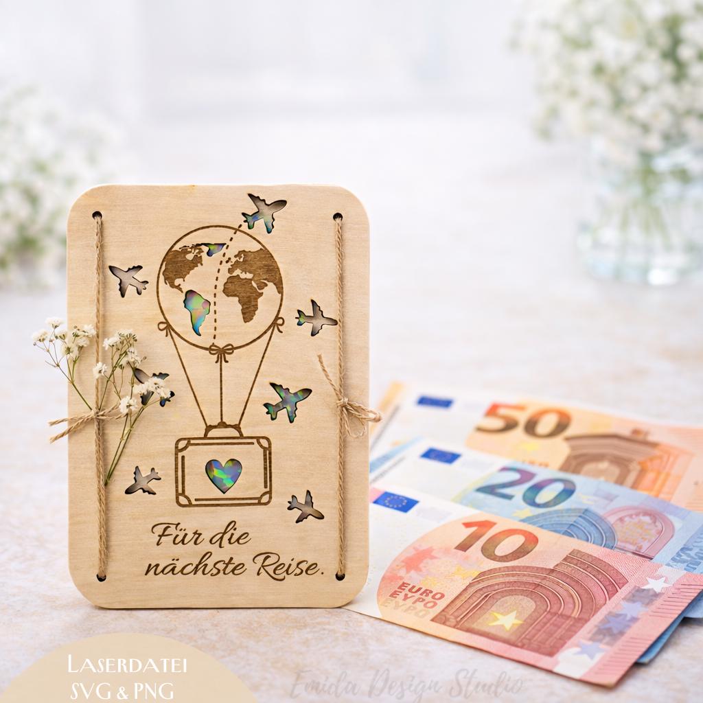 Laserdatei Geldgeschenk Reise – Reisekasse Holz Geschenk SVG PNG | Verpackung für Urlaub Geldgeschenk | Geburtstag Reise Geschenk | Holz