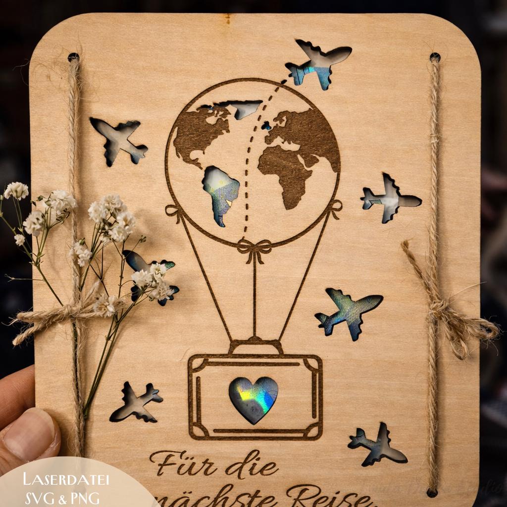 Laserdatei Geldgeschenk Reise – Reisekasse Holz Geschenk SVG PNG | Verpackung für Urlaub Geldgeschenk | Geburtstag Reise Geschenk | Holz