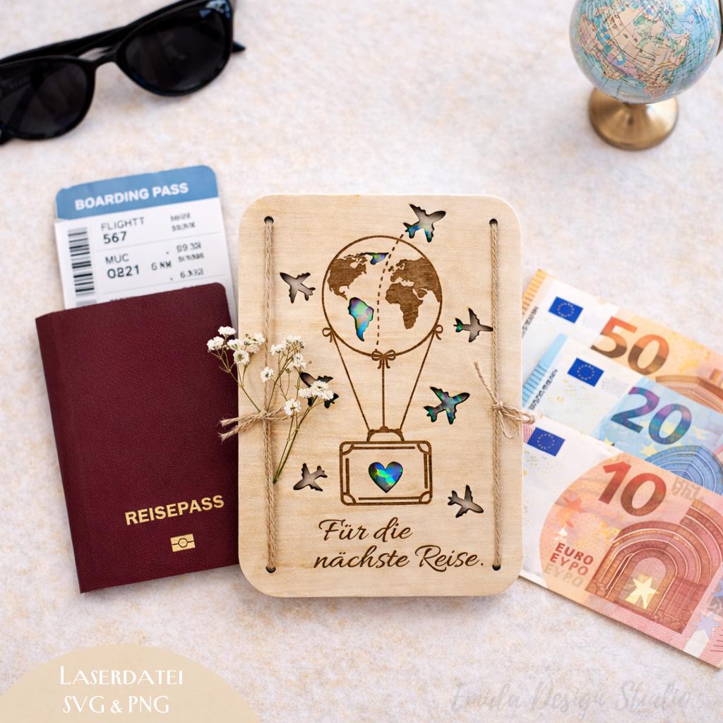 Laserdatei Geldgeschenk Reise – Reisekasse Holz Geschenk SVG PNG | Verpackung für Urlaub Geldgeschenk | Geburtstag Reise Geschenk | Holz