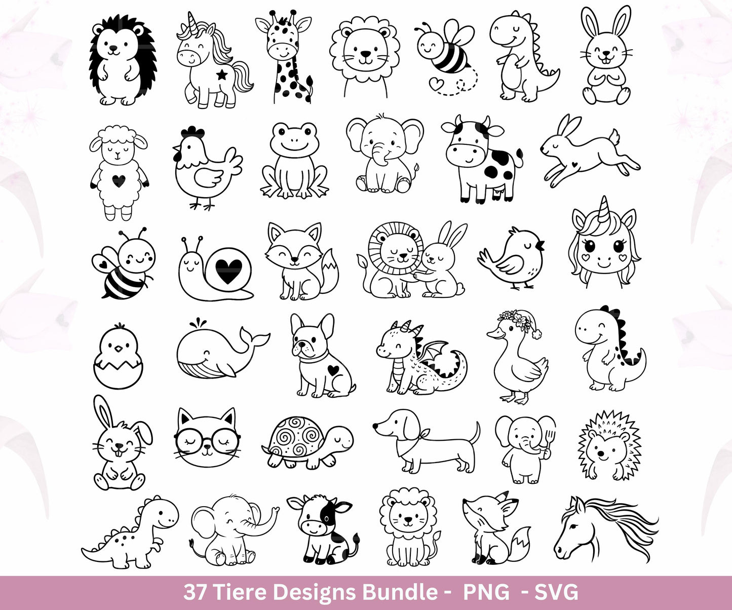 Kawaii Tiere Plotterdatei Bundle – süße Tier Motive SVG | Hund Katze Kuh Einhorn | Kinder Line Art | Wald & Safari Tiere | Cricut Laserdatei