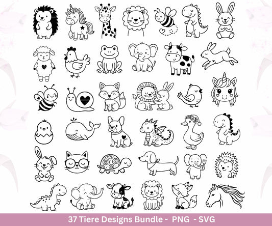 Kawaii Tiere Plotterdatei Bundle – süße Tier Motive SVG | Hund Katze Kuh Einhorn | Kinder Line Art | Wald & Safari Tiere | Cricut Laserdatei