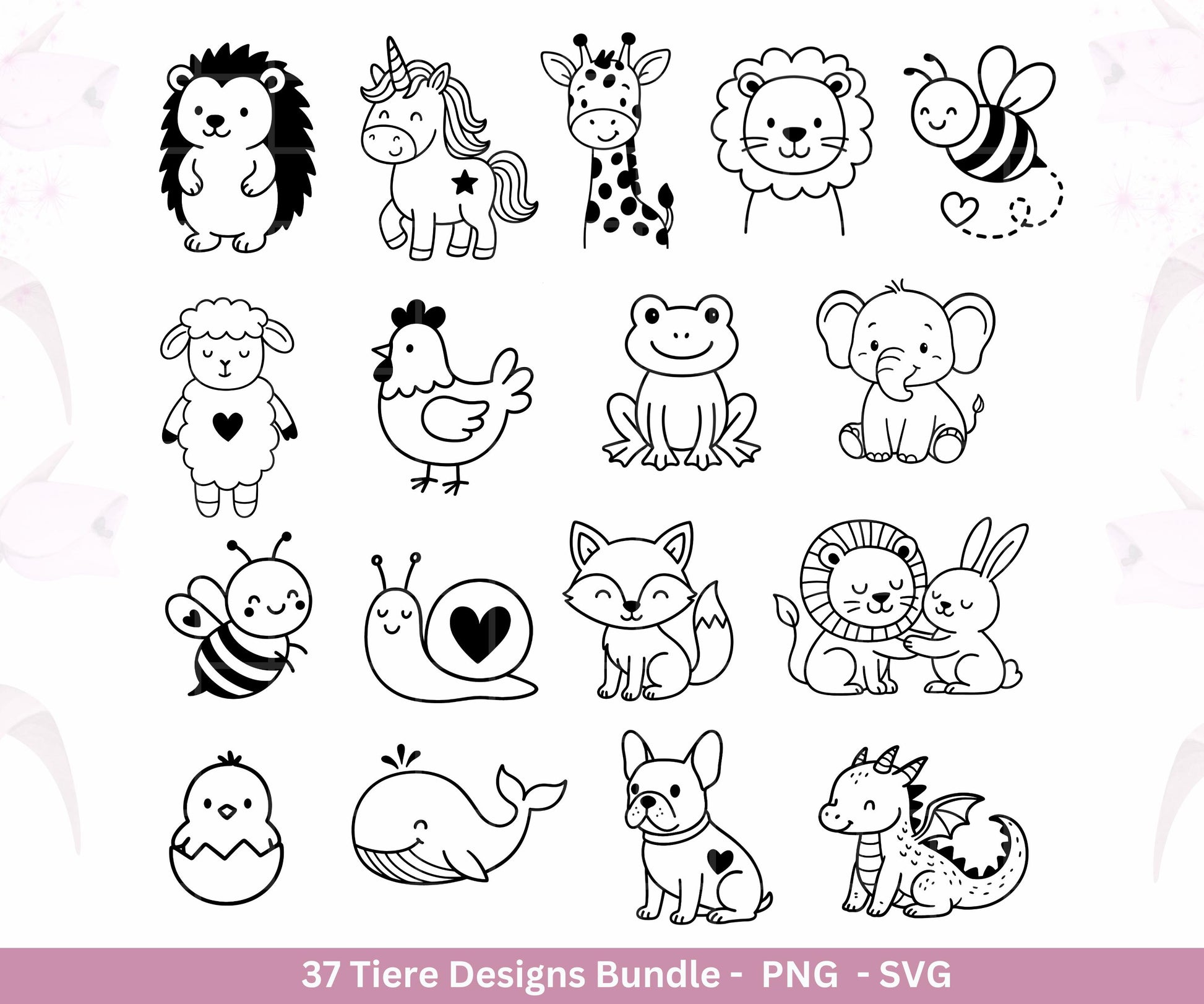 Kawaii Tiere Plotterdatei Bundle – süße Tier Motive SVG | Hund Katze Kuh Einhorn | Kinder Line Art | Wald & Safari Tiere | Cricut Laserdatei