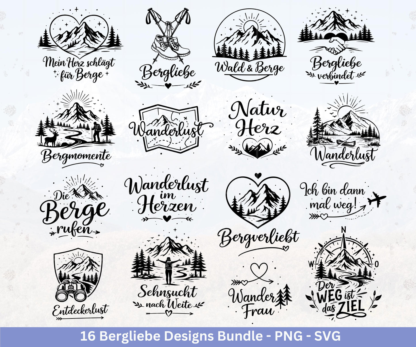 Bergliebe Plotterdatei Bundle – Wandern & Berge SVG | Wanderlust Sprüche | Camping und Natur Motive | Cricut Silhouette | Laserdatei Urlaub