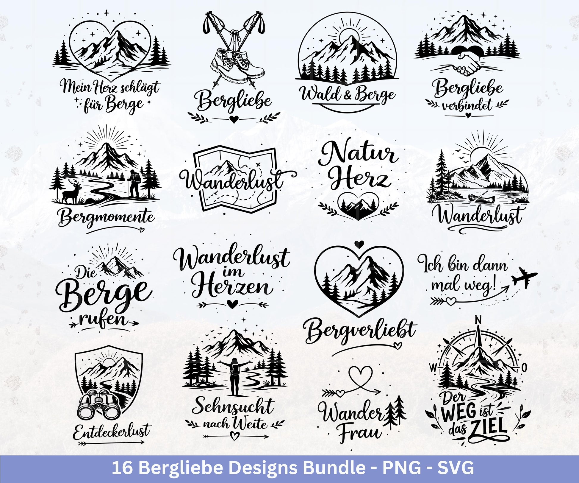 Bergliebe Plotterdatei Bundle – Wandern & Berge SVG | Wanderlust Sprüche | Camping und Natur Motive | Cricut Silhouette | Laserdatei Urlaub