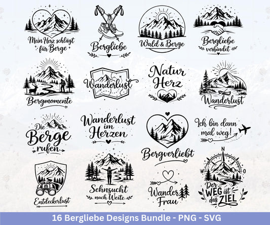 Bergliebe Plotterdatei Bundle – Wandern & Berge SVG | Wanderlust Sprüche | Camping und Natur Motive | Cricut Silhouette | Laserdatei Urlaub