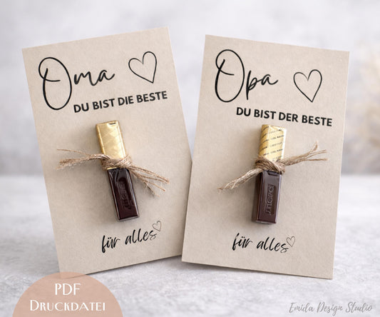 Druckvorlage Muttertag & Vatertag – Geschenkkarte mit Schokolade für Oma Opa | Geschenkidee Großeltern | PDF zum Ausdrucken | Karte Oma Opa