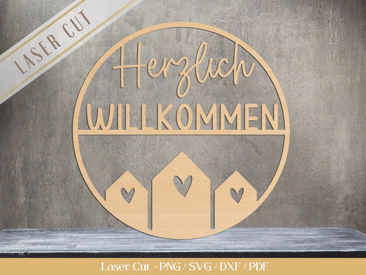 Laserdatei Türkranz Herzlich Willkommen - Türschild SVG - Türring Schnittdatei - Plotterdatei Herzlich Willkommen - Laser Cut Haus - EmidaDesign