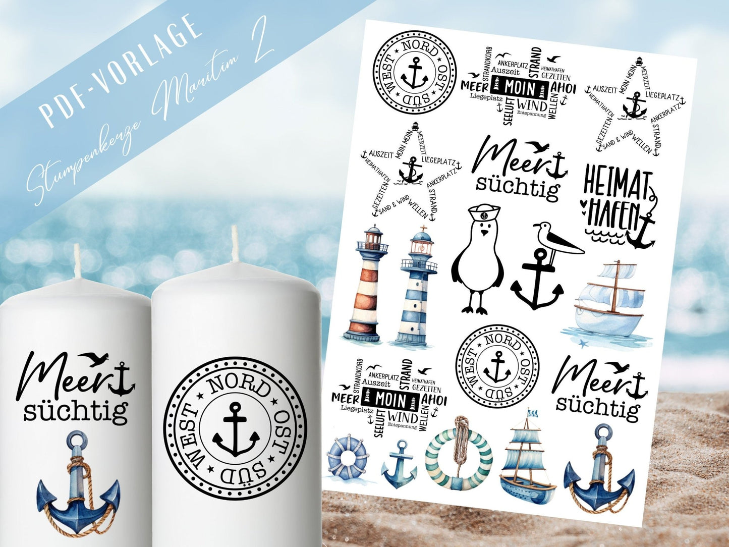 Maritime Kerzen PDF Vorlage - Kerzen Tattoo Vorlage Stumpenkerze - Kerzen selbst gestalten - Kerzensticker Ahoi - Heimathafen Moin Kerzen - EmidaDesign