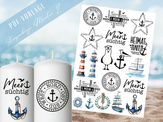 Maritime Kerzen PDF Vorlage - Kerzen Tattoo Vorlage Stumpenkerze - Kerzen selbst gestalten - Kerzensticker Ahoi - Heimathafen Moin Kerzen - EmidaDesign