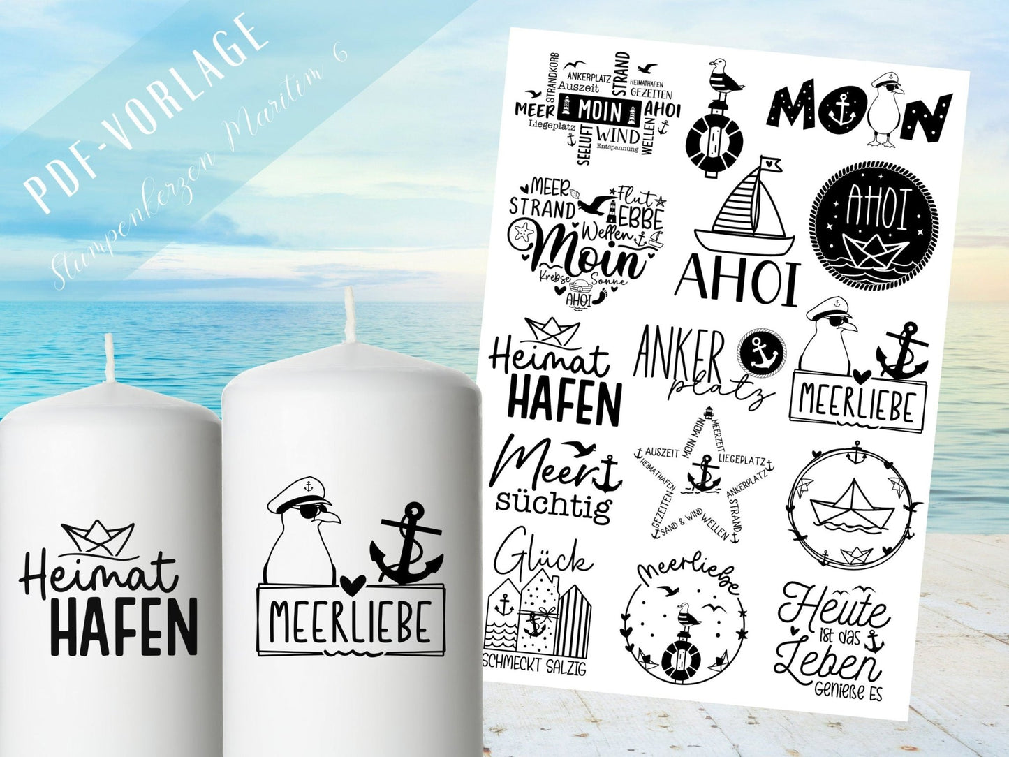 Maritime Kerzen PDF Vorlage - Kerzen Tattoo Vorlage Stumpenkerze - Kerzen selbst gestalten - Kerzensticker Ahoi - Heimathafen Moin Kerzen - EmidaDesign