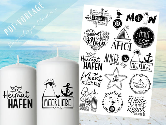 Maritime Kerzen PDF Vorlage - Kerzen Tattoo Vorlage Stumpenkerze - Kerzen selbst gestalten - Kerzensticker Ahoi - Heimathafen Moin Kerzen - EmidaDesign