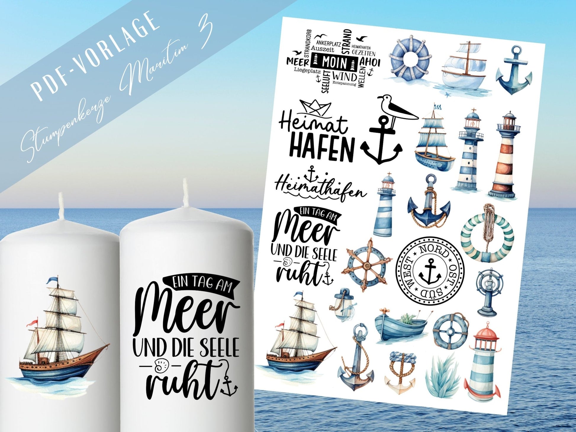 Maritime Kerzen PDF Vorlage - Kerzen Tattoo Vorlage Stumpenkerze - Kerzen selbst gestalten - Kerzensticker Ahoi - Heimathafen Moin Kerzen - EmidaDesign