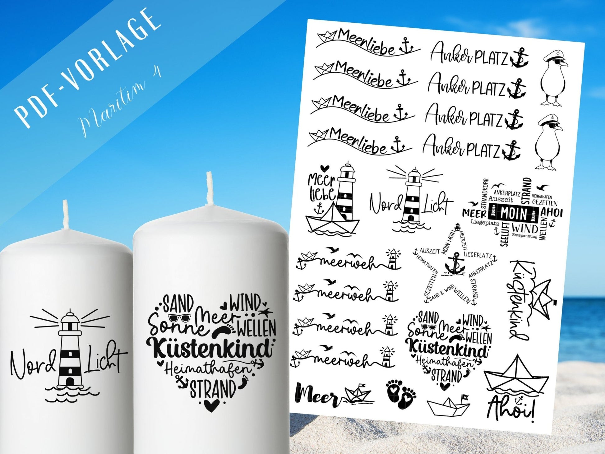 Maritime Kerzen PDF Vorlage - Kerzen Tattoo Vorlage Stumpenkerze - Kerzen selbst gestalten - Kerzensticker Ahoi - Küstenkind - Nordlicht - EmidaDesign