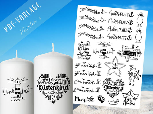 Maritime Kerzen PDF Vorlage - Kerzen Tattoo Vorlage Stumpenkerze - Kerzen selbst gestalten - Kerzensticker Ahoi - Küstenkind - Nordlicht - EmidaDesign