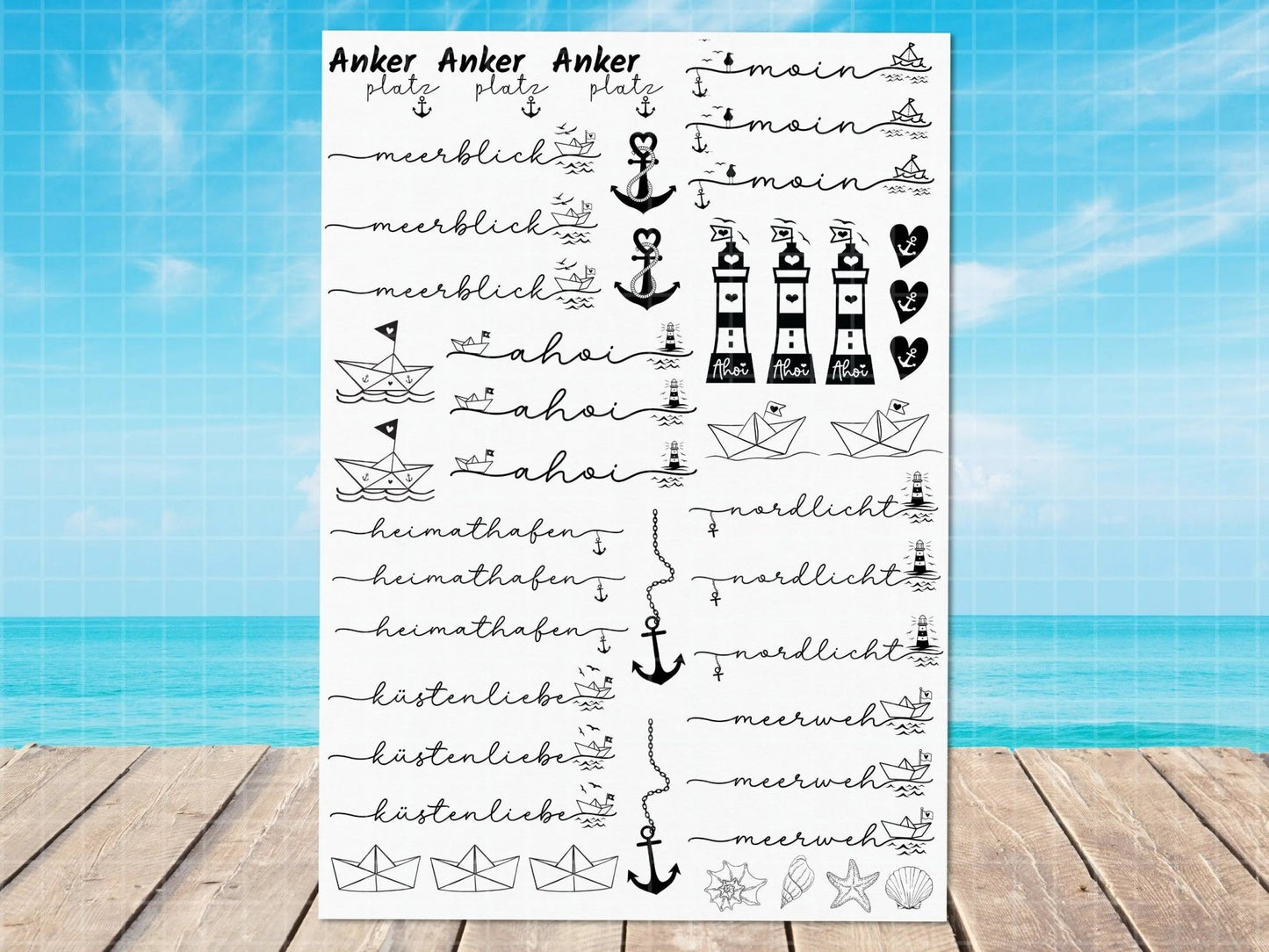 Meerliebe PDF Vorlage - Kerzen Tattoo Vorlage - Kerzen selbst gestalten - Kerzensticker Ahoi Maritim - Küstenliebe Heimathafen Urlaub Moin