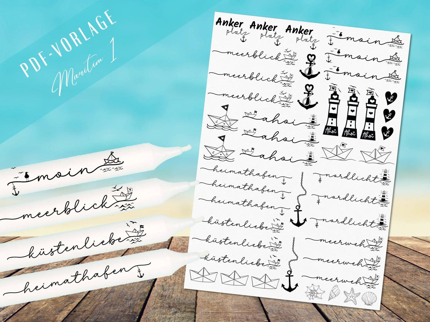 Meerliebe PDF Vorlage - Kerzen Tattoo Vorlage - Kerzen selbst gestalten - Kerzensticker Ahoi Maritim - Küstenliebe Heimathafen Urlaub Moin